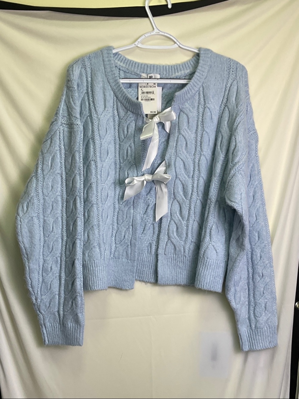 bp Pale Blue Cable Knit Cardigan with Satin Bow Accents